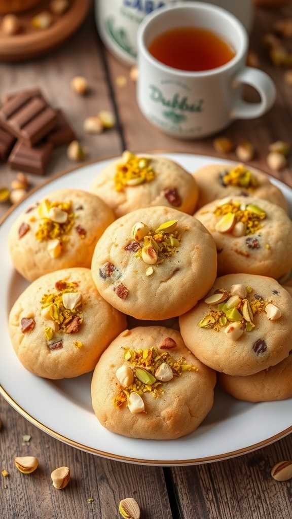 A plate of pistachio kataifi cookies with Dubai Chocolate, golden brown, on a rustic wooden table.